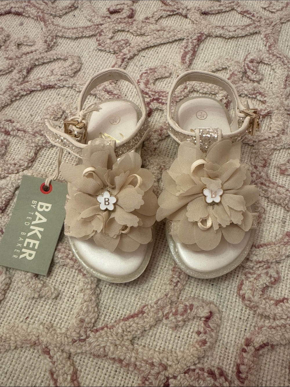 Ted Baker Kids Cream Floral Dress Sandals with Gold Accents